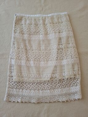 Lace Midi Skirt Women's Size Small Off White Cotton Lined Boho